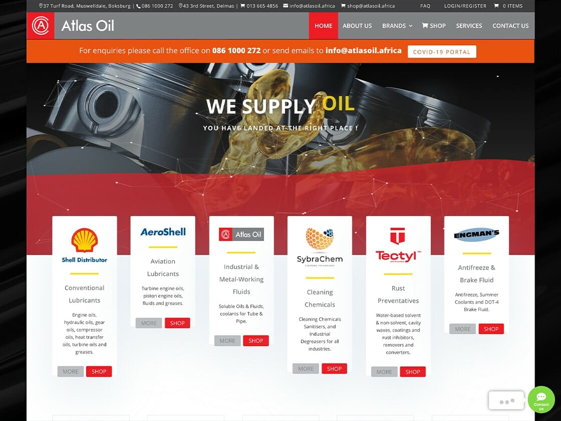 Website screengrab of Atlas Oil featuring their services. The header includes contact information. The main text reads, "WE SUPPLY OIL." Below are icons and descriptions of brands and products like Shell Distributer, AeroShell, Atlas Oil, SybraChem, Tection, and Engmans. Footer has company details.