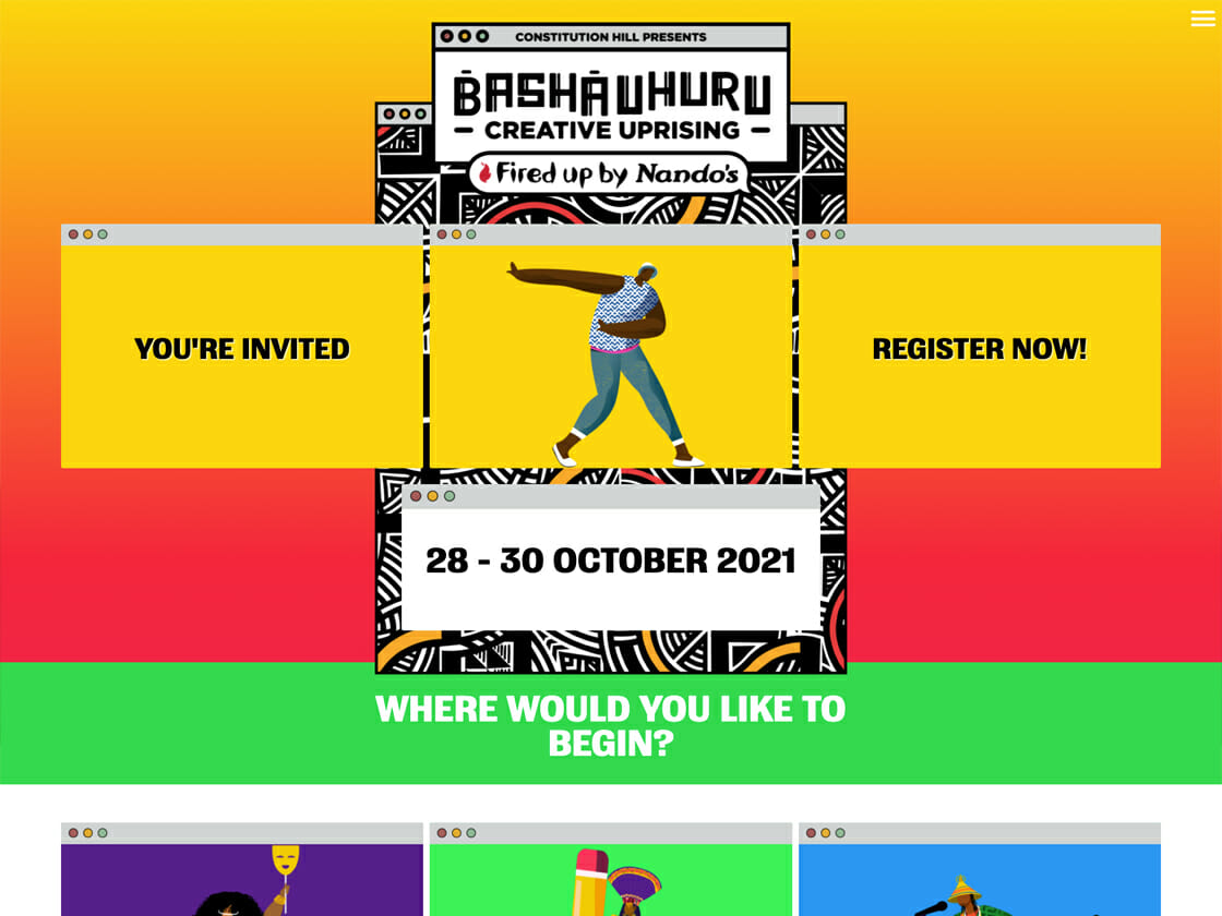 Website for a creative event called "Bashauhuru 2021" with a registration invitation and event date announcement for October 28-30, 2021.