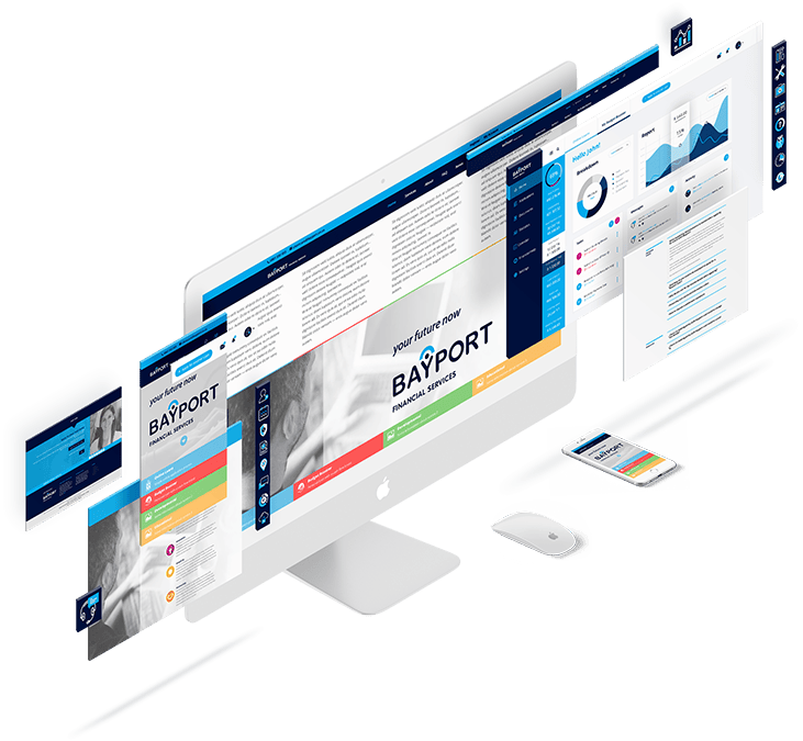 Bayport Website Mockup displayed as a responsive website mockup across angled screens, showing branded imagery, navigation and page content.