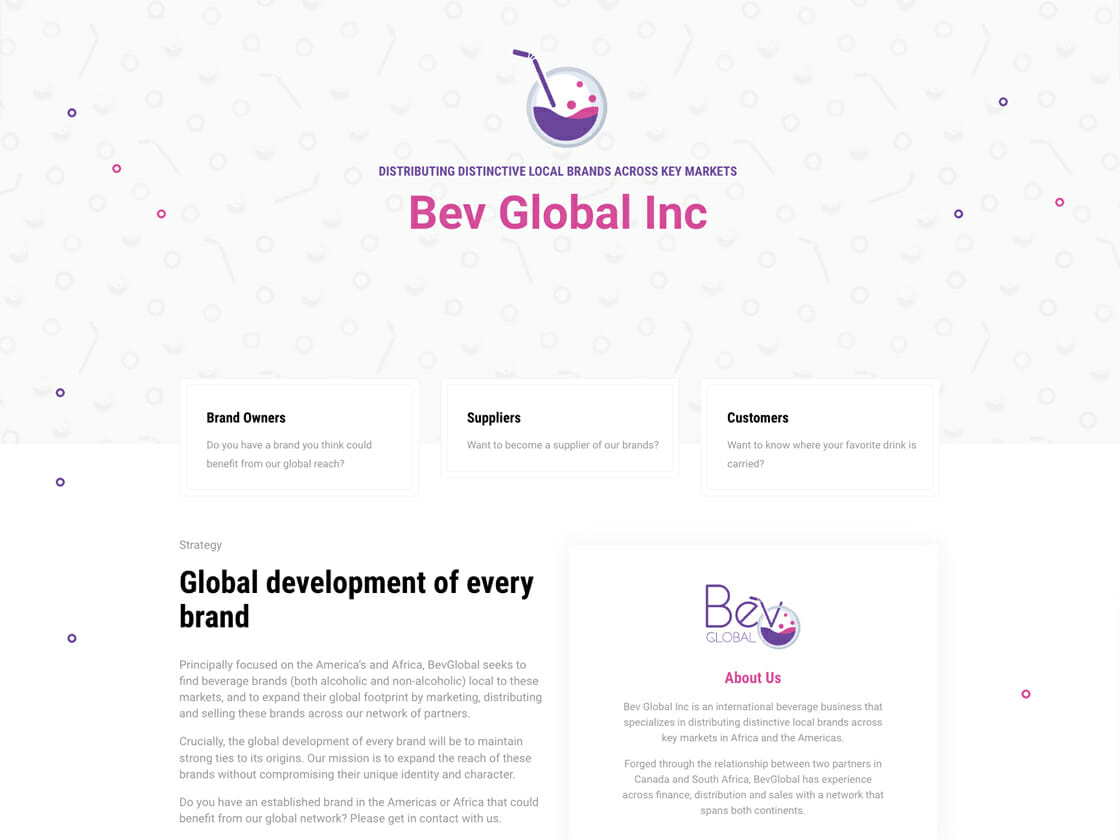 A screenshot of the website for "Bev Global Inc," a company focused on distributing selective local beverage brands across markets, with sections detailing their mission, strategy, and calls to action for brand owners,