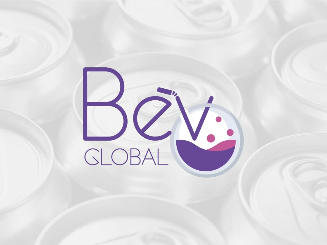 Logo for Bev Global against a background of beverage can tops. The word "Bev" is written in large purple letters with a stylized drinking straw forming the cross of the "B". Below, "GLOBAL" is written in smaller purple letters. There is a circular image of a beverage with bubbles next to the text.