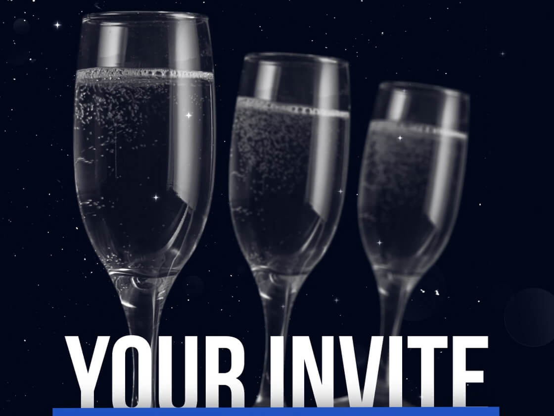 Three champagne flutes filled with bubbling champagne are set against a dark, starry background. Below the glasses, white text reading "YOUR INVITE" hints at an elegant invite video celebration. The overall feel is both celebratory and refined.