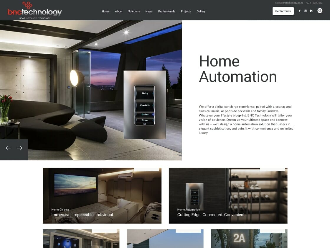 Screenshot of the BNC Technology website showcasing home automation solutions. The sleek, modern interface features an image of a home interior, a central smart control panel, and sections highlighting customizable and advanced home technology options. The header includes navigation links and a contact button.
