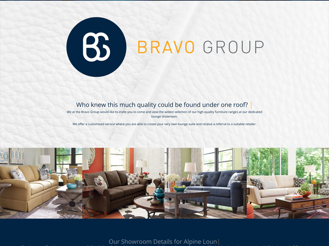 The Bravo Group website features their logo with the intertwined letters "B" and "G" in a dark blue circle. Below, a slogan and brief introduction invite visitors to explore their high-quality furniture campaigns in an elegant showroom. The background showcases a stylish living room with modern furniture.