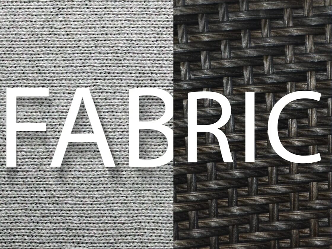 A close-up of two fabric textures side by side. The left is a light grey, knitted fabric with a coarse weave; the right, dark grey with a tightly woven wicker-like pattern. The word "FABRIC" in white, bold letters spans across the center—brought to you by Bravo Group.