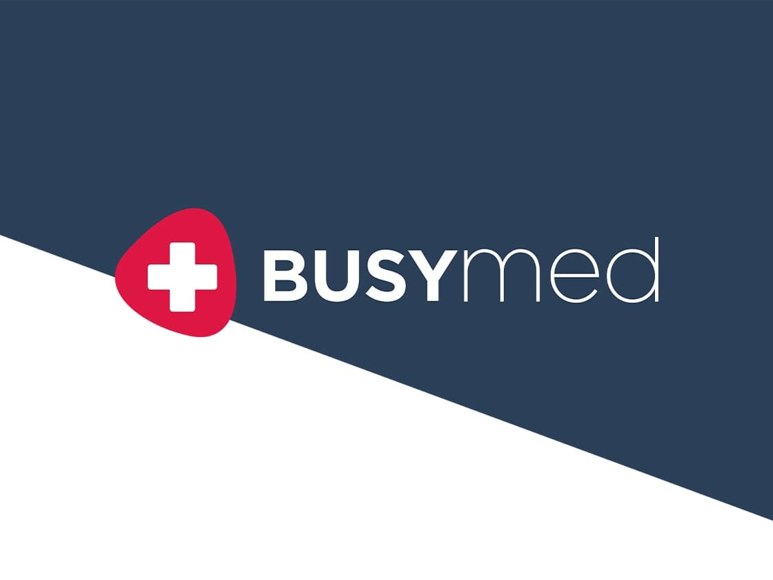 The image showcases the BUSYmed logo on a blue and white diagonal background. A red, rounded triangular shape with a white medical cross stands on the left, while to its right, "BUSYmed" is displayed in modern typography—bold white for "BUSY" and light blue for "med.