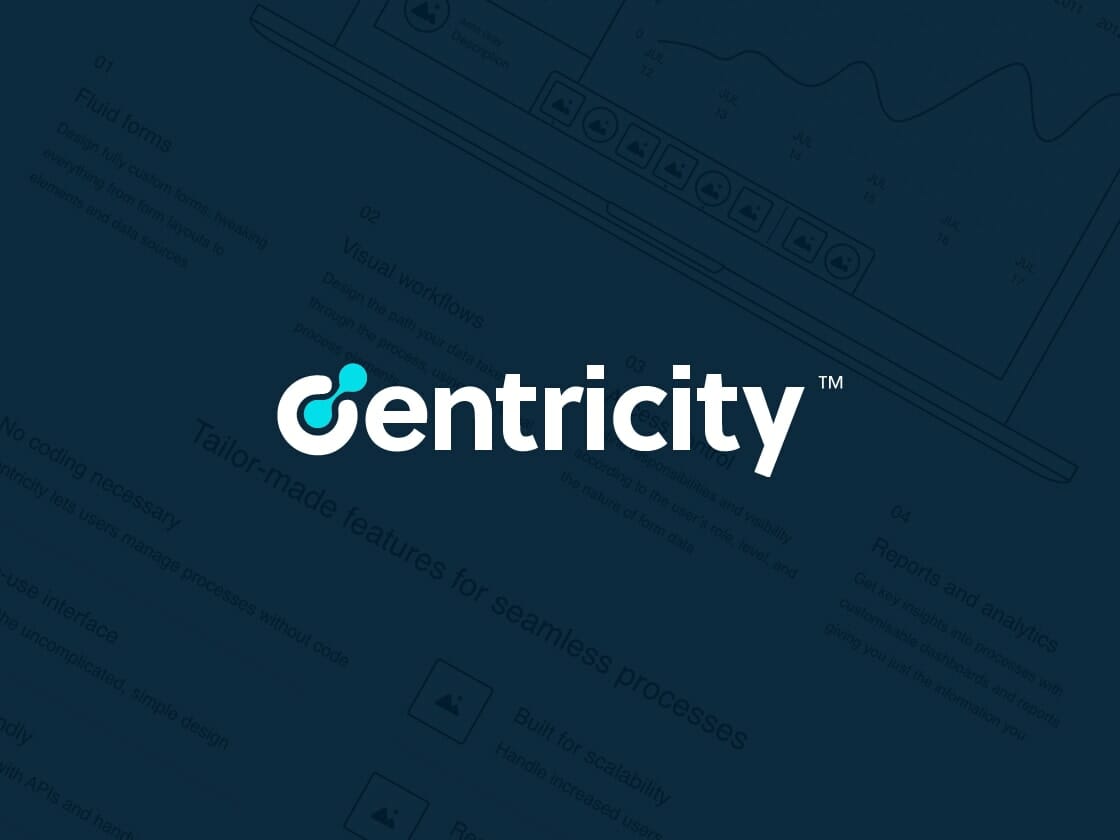 The image showcases the central logo of "Centricity" in white text with a blue and green icon. The dark background, interspersed with semi-transparent graphical elements and text, hints at a tech-focused strategy interface. Faint charts and workflow diagrams hint at systematic content behind the prominent logo.