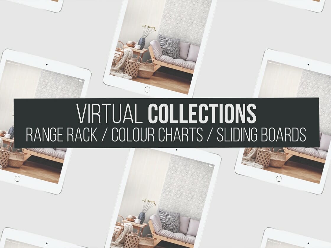 The image displays a promotional graphic for "Virtual Collections" featuring a collage of tablets showcasing a cozy living room setup with a couch, patterned wallpaper, and ceramic décor on the coffee table. The text in the center reads, "Virtual Collections RANGE RACK / COLOUR CHARTS / SLIDING BOARDS.