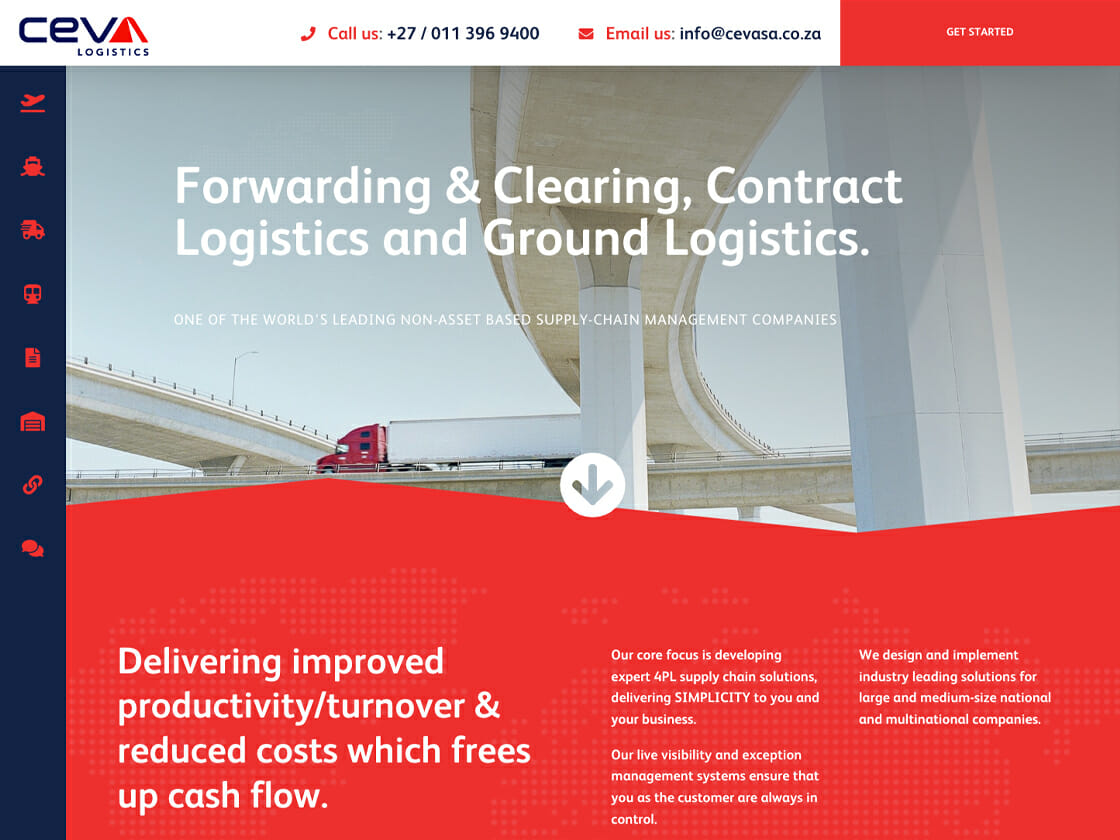 Website homepage of Ceva Logistics in South Africa showcasing their services in forwarding and contract logistics, with a focus on supply chain management solutions.