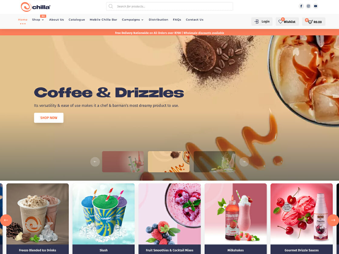 E-commerce website displaying a variety of sweet beverages and desserts, including chilla.