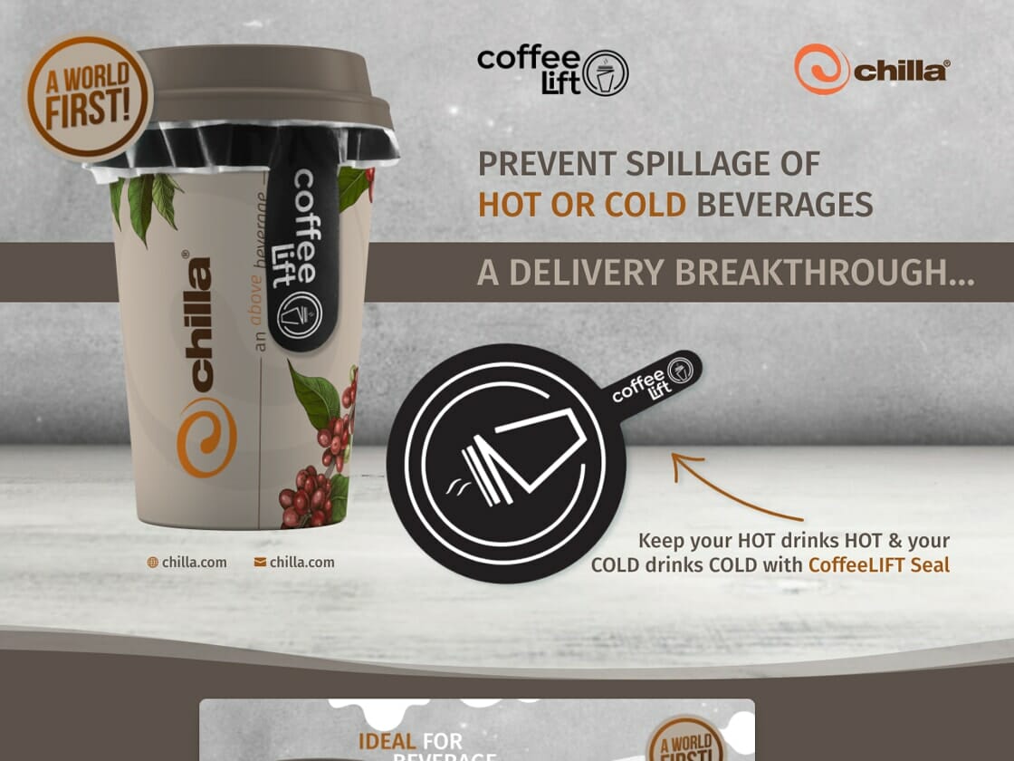 Advertising image for Coffee Lift by Chilla, highlighting the beverage holder's ability to maintain drink temperature, with an emphasis on innovation in delivery services, available now on our landing page.