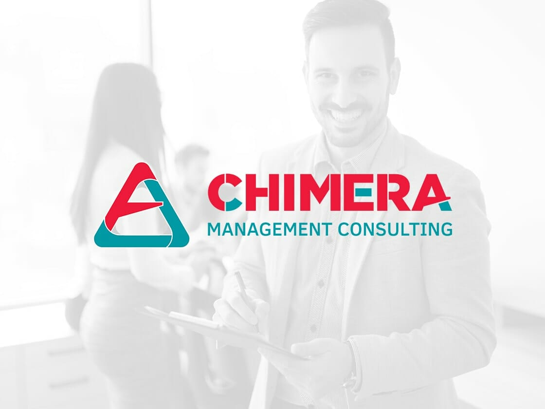 A man in a blurred office setting smiles at the camera while holding a clipboard. Overlaid on the image is the Chimera logo from Chimera Management Consulting, featuring an abstract triangular design and the company name in bold red and teal text, with "Management Consulting" written below.