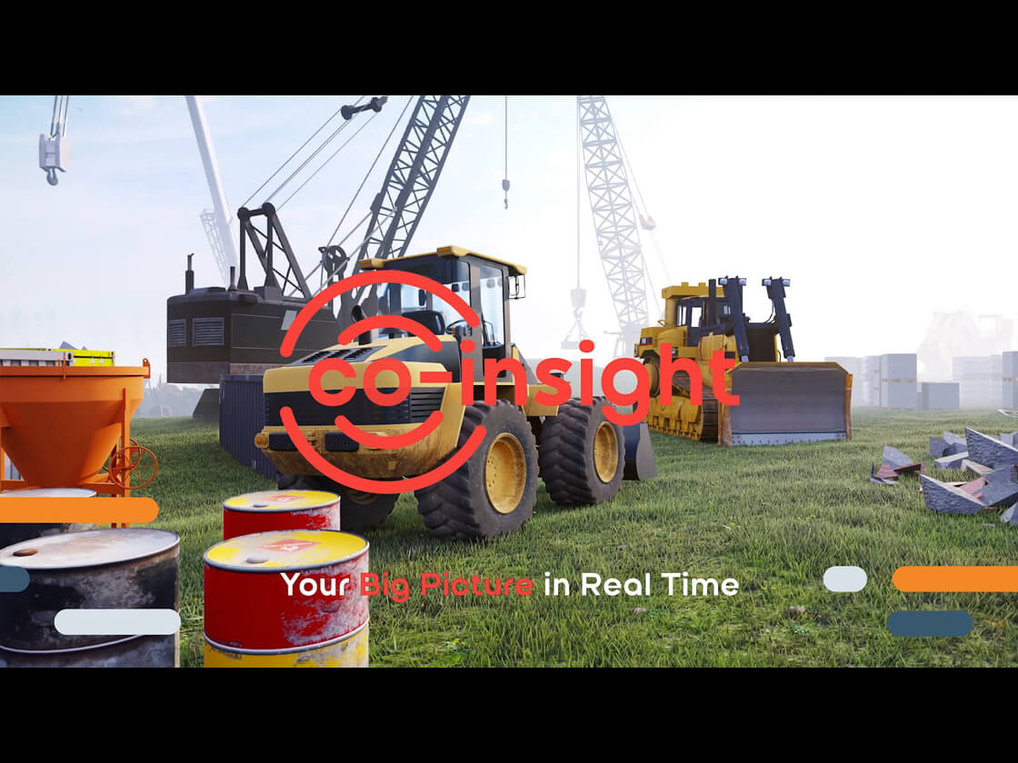 A construction site buzzes with large machinery, like a yellow excavator and bulldozer, on grassy terrain, while a crane towers in the background. The text "co-insight" highlights "Your Big Picture in Real Time," surrounded by building materials and paint buckets ready for action-packed video insights.