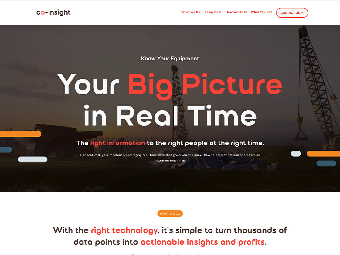 This is a corporate website header with the slogan "your big picture in real time," promoting equipment knowledge and actionable insights, featuring an industrial crane in the background.