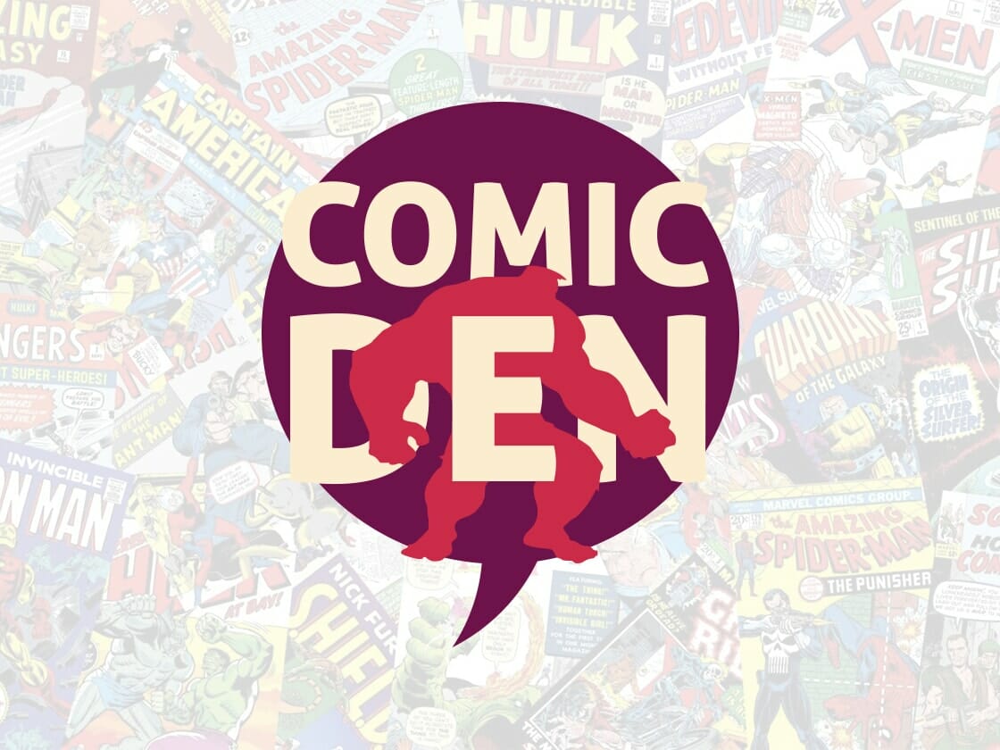A purple speech bubble with "Comic Den" written in bold, beige letters. Below "Den," there's a red silhouette of a muscled character. The background is a collage of comic book covers featuring superheroes like Spider-Man, Hulk, and X-Men.