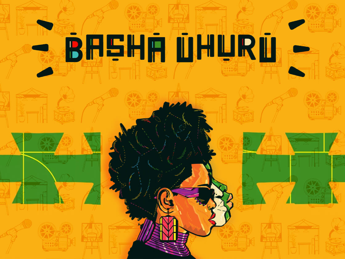 Basha Uhuru site artwork, showing a profile in sunglasses against an orange patterned background.