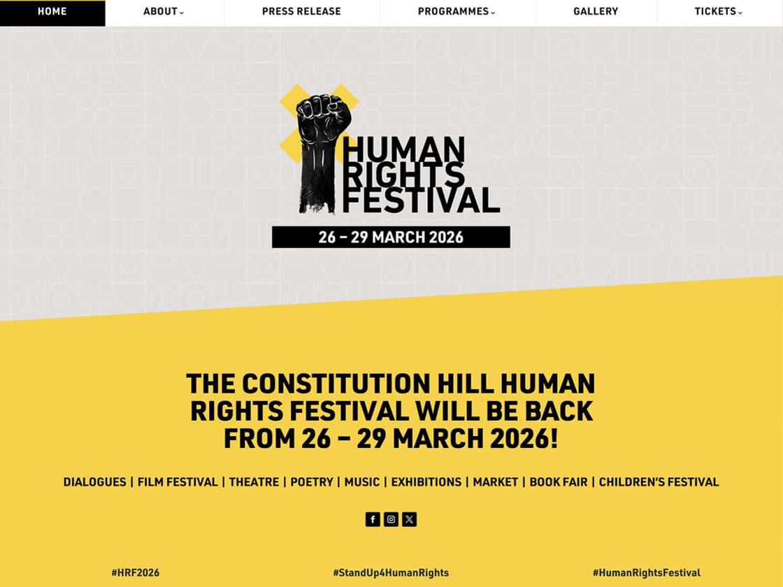 A graphic for the Human Rights Festival shows bold black text announcing its return on 26–29 March 2026 at Constitution Hill. The background is mostly white with a yellow section below and black icons and menu links at the top.