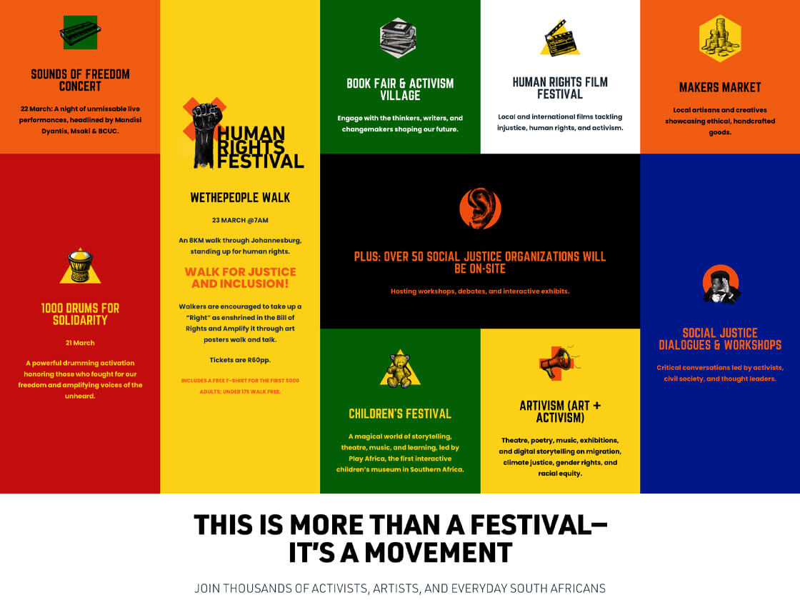 The image is a vibrant Conhill Human Rights Festival poster, divided into nine squares, each spotlighting a different aspect of the 2025 event. Themes include music, books, film, markets, solidarity, justice, dialogue, children's activities, and art. The text highlights a movement for activism.