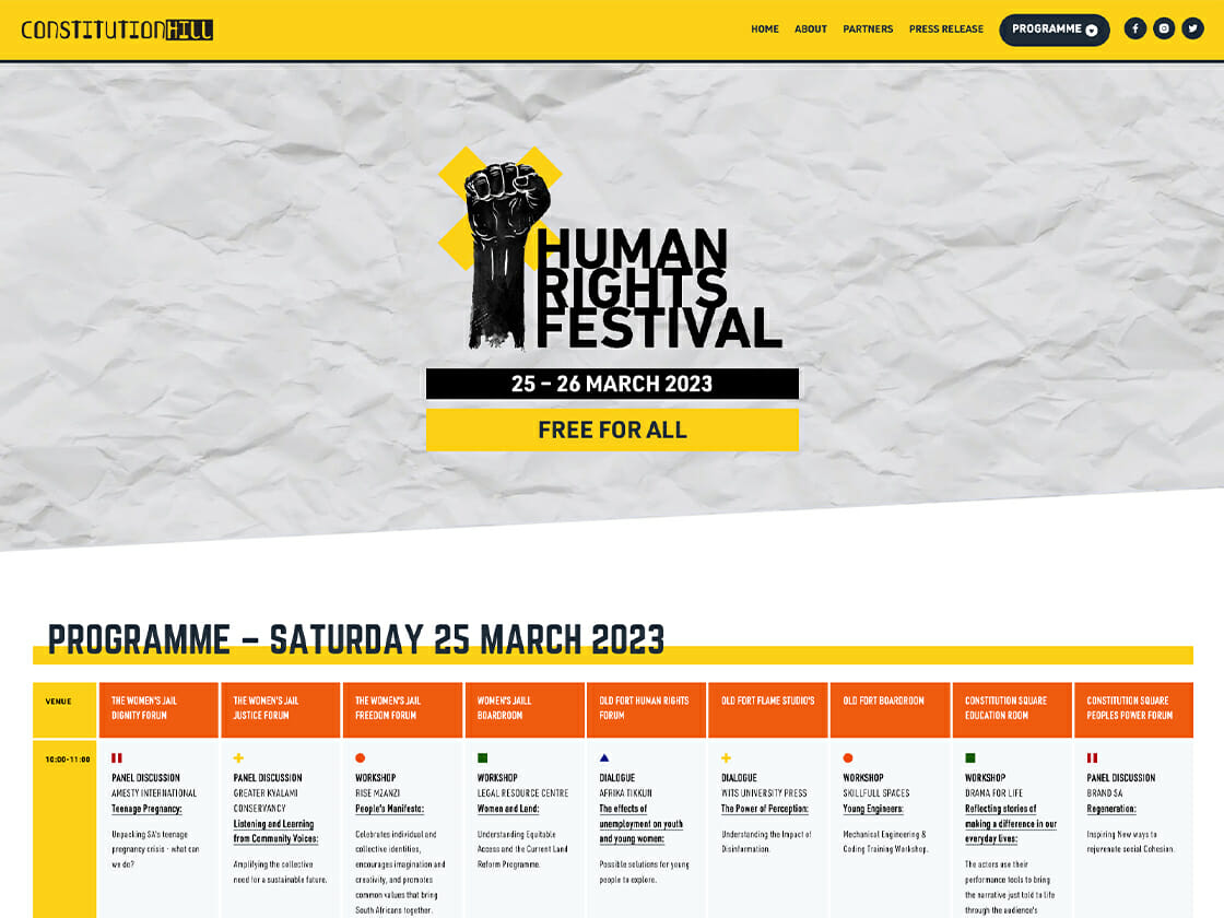 Website page for the "human rights festival" event, scheduled for 25-26 march 2023, indicating that attendance is free for all.
