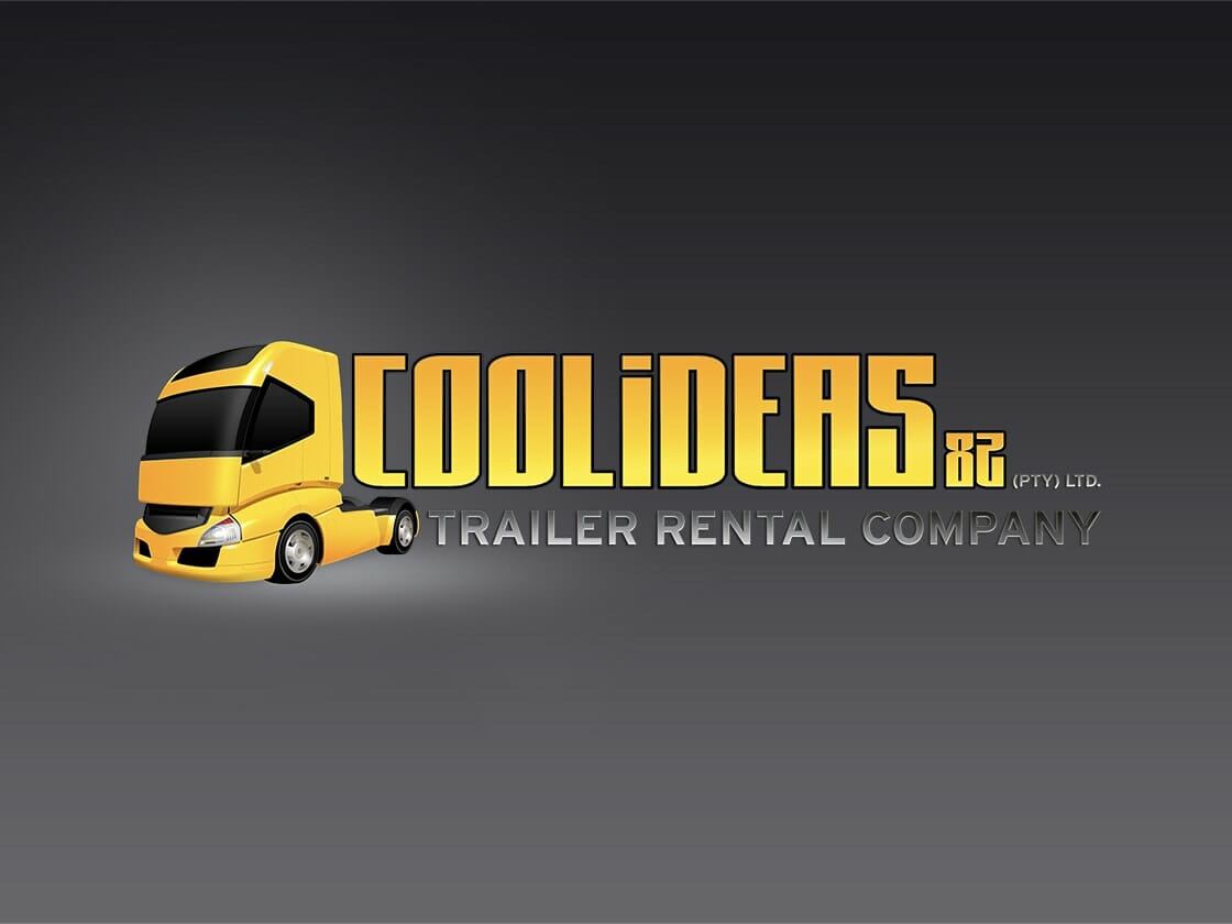 The image features the logo of "COOLIDEAS 82 (PTY) LTD." with the words "TRAILER RENTAL COMPANY" below it. The logo includes a stylized yellow semi-truck on the left side, and the company name is written in bold, yellow, block letters on a dark gray gradient background.