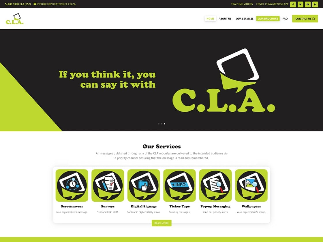 A screenshot of a digital marketing services website with a green and black color scheme, featuring the tagline "if you think it, express it with Corporate Voice" and icons representing various services such as screen