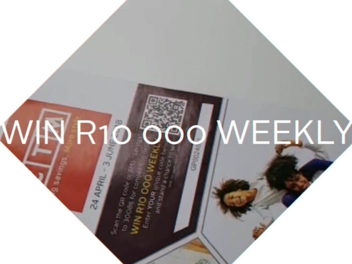 A promotional flyer tilted at an angle on a flat surface. The flyer prominently features the text "WIN R10 000 WEEKLY" in large white letters. Below this, a QR code links to a how-to-enter video by CTM. Two people are seen jumping joyfully in the lower right corner of the flyer.