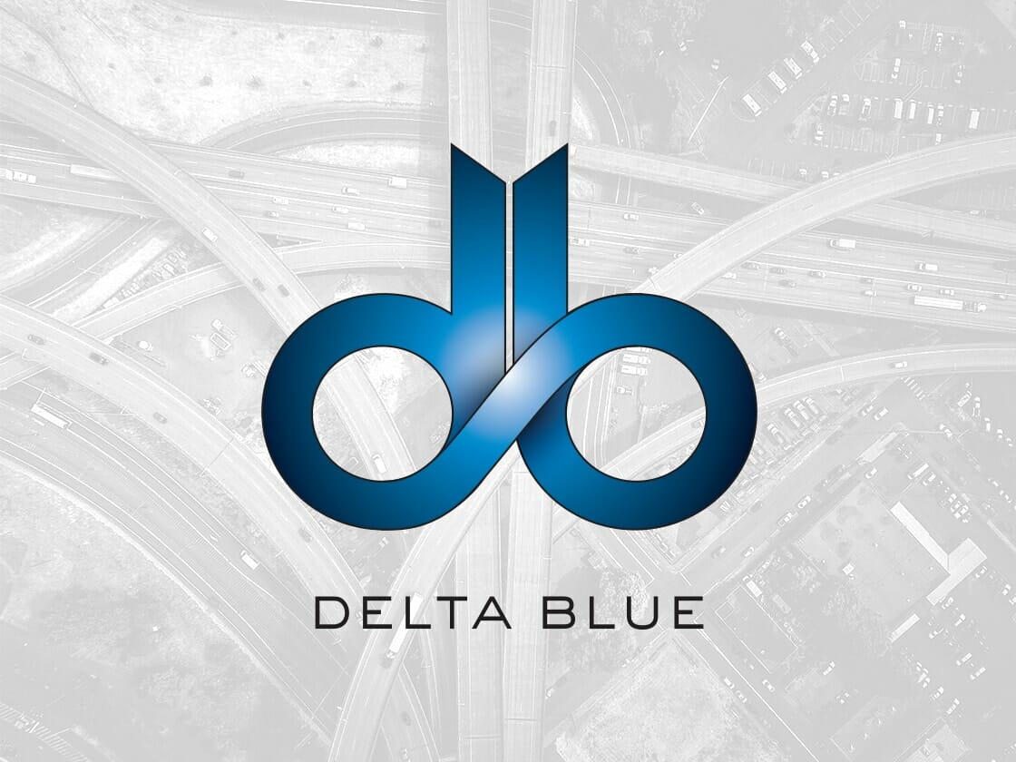 A logo with the letters "d" and "b" intertwined, forming a symmetrical design in glossy blue gradient. Below the logo, the text "DELTA BLUE" appears in black, uppercase letters. The background consists of a faded aerial image of a highway interchange.