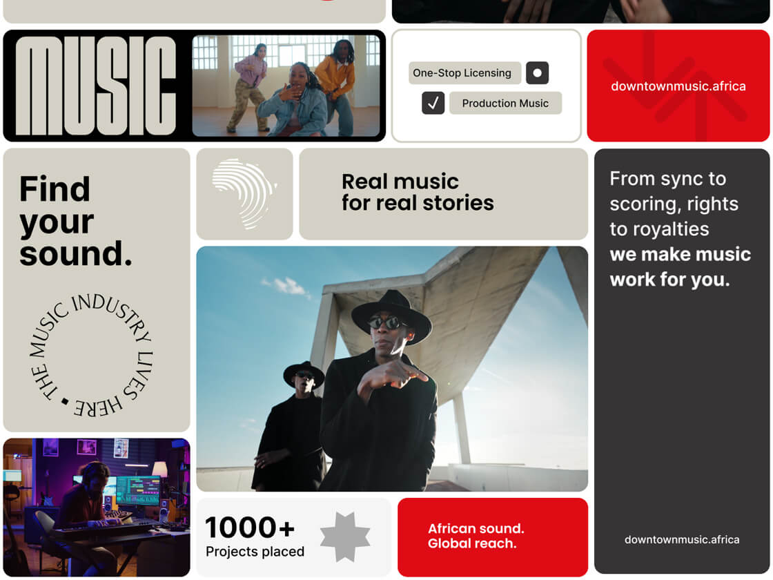 A collage with bold text and photos showing musicians, a modern studio, and two people in hats and sunglasses. Text includes: "Find your sound," "Real music for real stories," "From sync to royalties we make music work for you," and "Global reach.