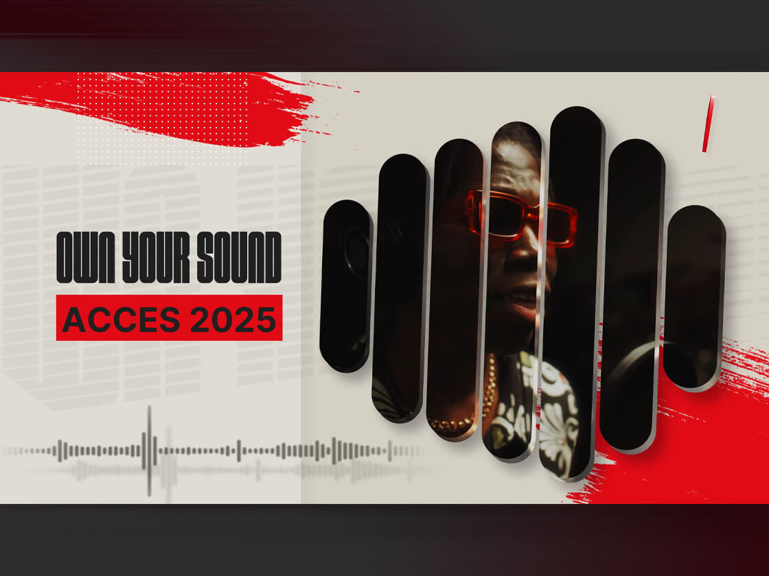 A graphic with the text “OWN YOUR SOUND ACCES 2025.” To the right, a person wearing red sunglasses is shown through stylized black vertical bars resembling a sound wave. Red, white, and black design elements and sound wave graphics decorate the background.