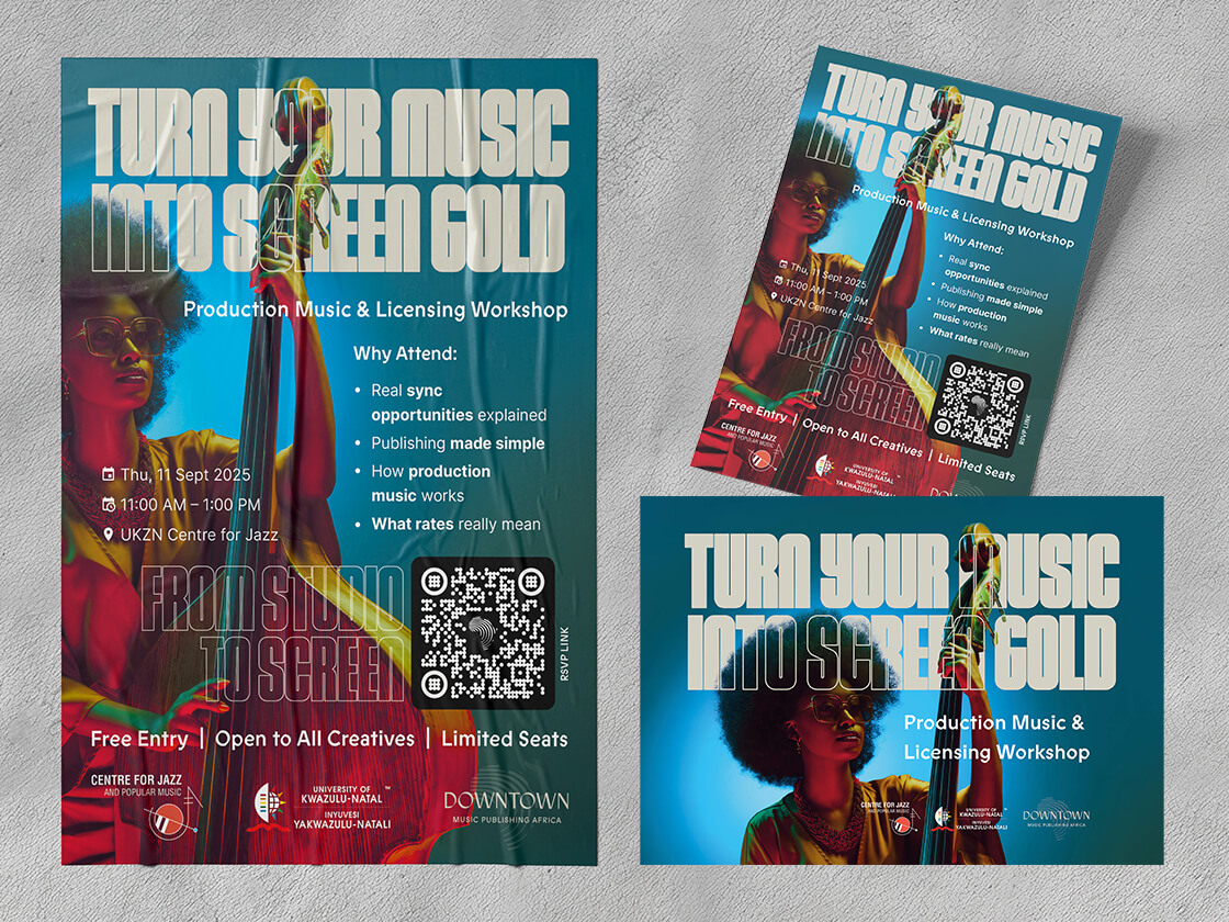 Three promotional posters for a music workshop, showing a woman with sunglasses and a saxophone. Bold text reads: “Turn Your Music Into Screen Gold.” Event details, QR code, and colorful blue, yellow, and red overlays appear on each poster.