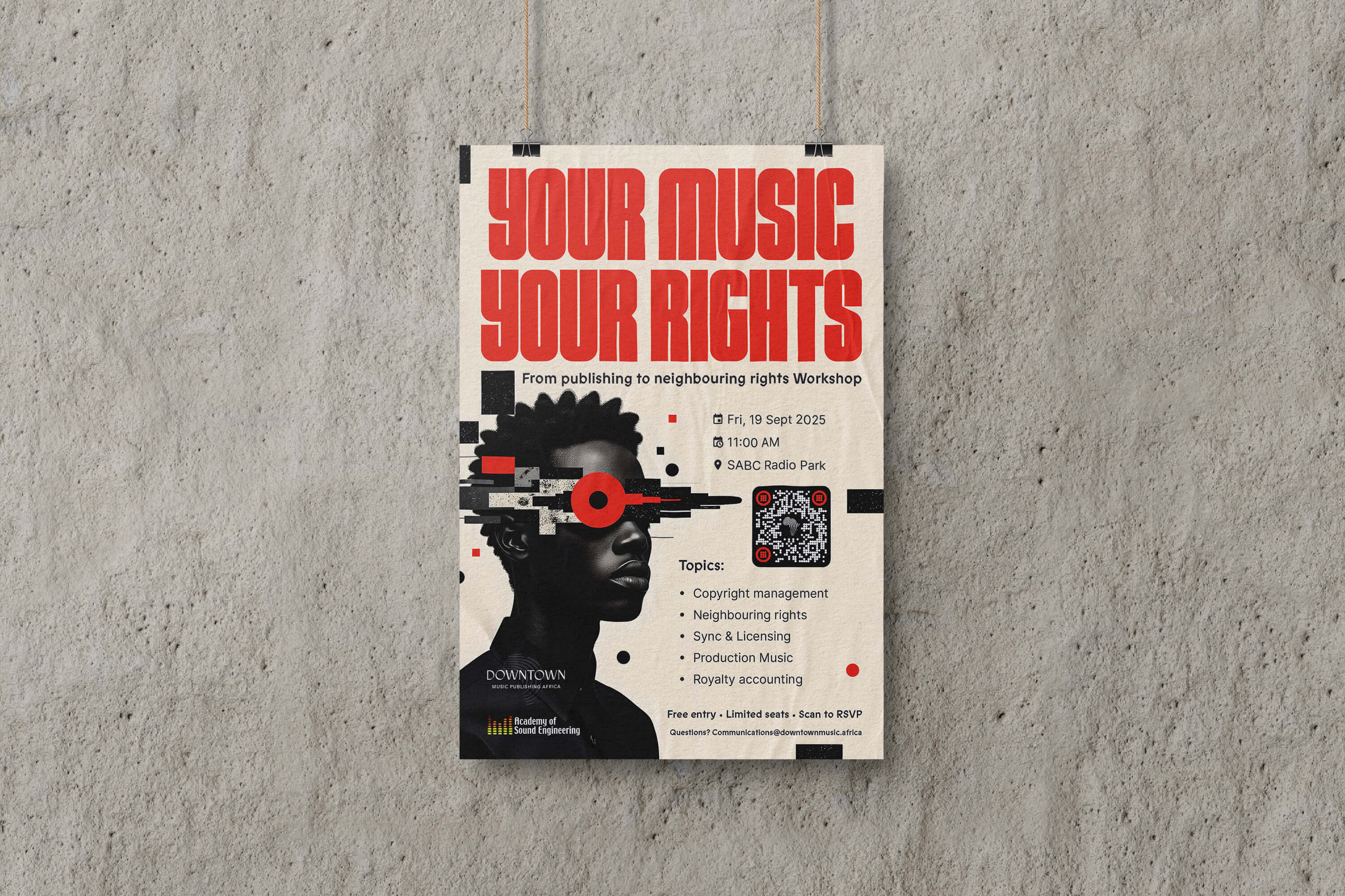 Poster on a concrete wall with bold red text: Your Music Your Rights. It promotes the ASE Student Music Publishing Workshop, including its date, venue, topics and RSVP details.