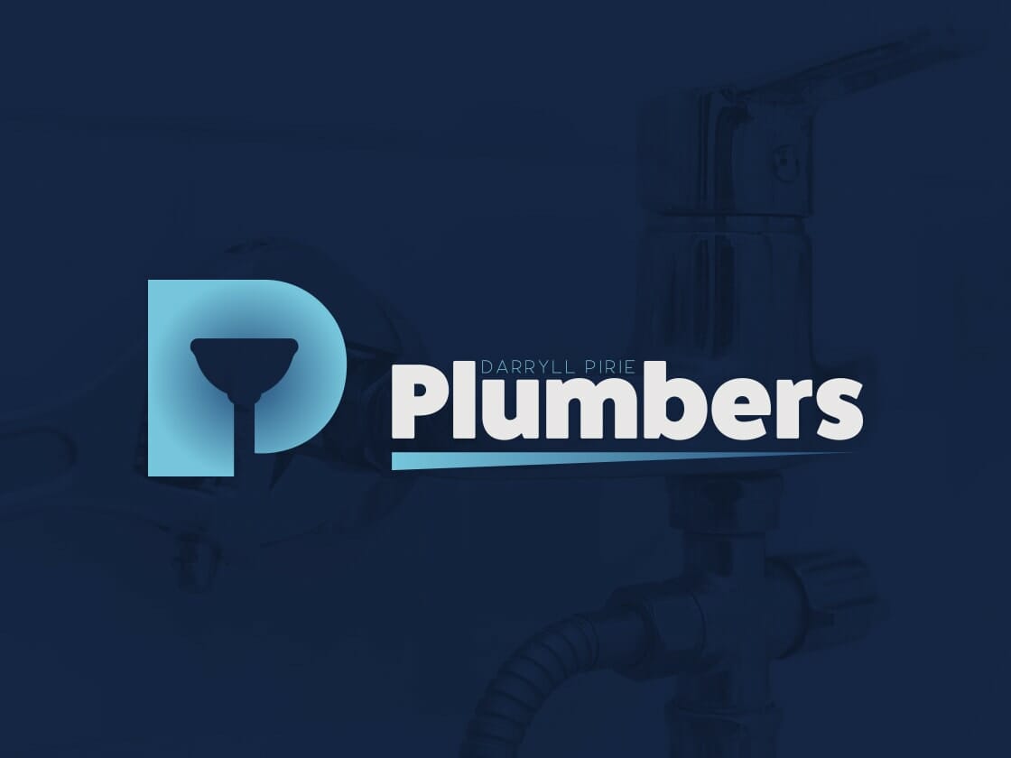Logo for "Daryll Pirie Plumbers" shows a large, stylized "P" in light blue with a silhouette of a wrench inside. Next to the "P," the name "Daryll Pirie" is in smaller text above the bold, white word "Plumbers." The dark blue background features a faint image of a faucet and pipes.