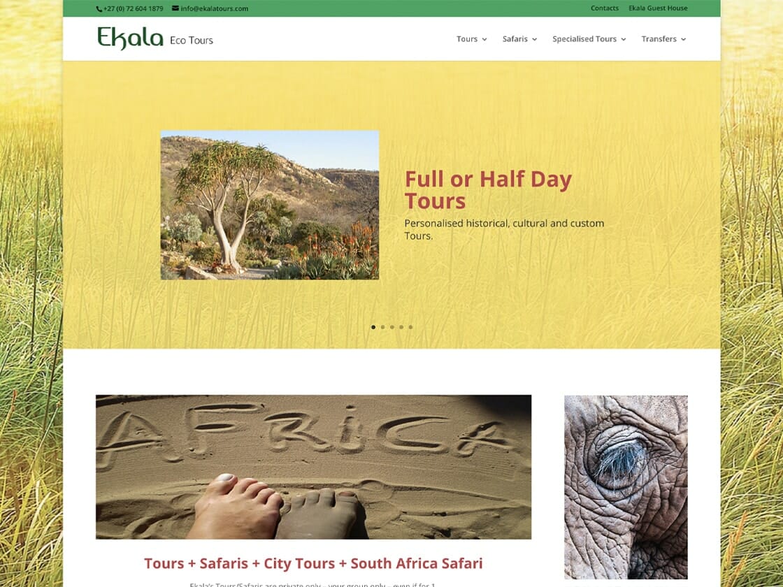 Screenshot of Ekala Eco Tours website. The page features an earthy color palette with green and yellow tones. There are images of an African landscape with a tree, the word 'AFRICA' etched in sand, and a close-up of an elephant's face. Text highlights their eco tours offerings such as safaris and city tours.