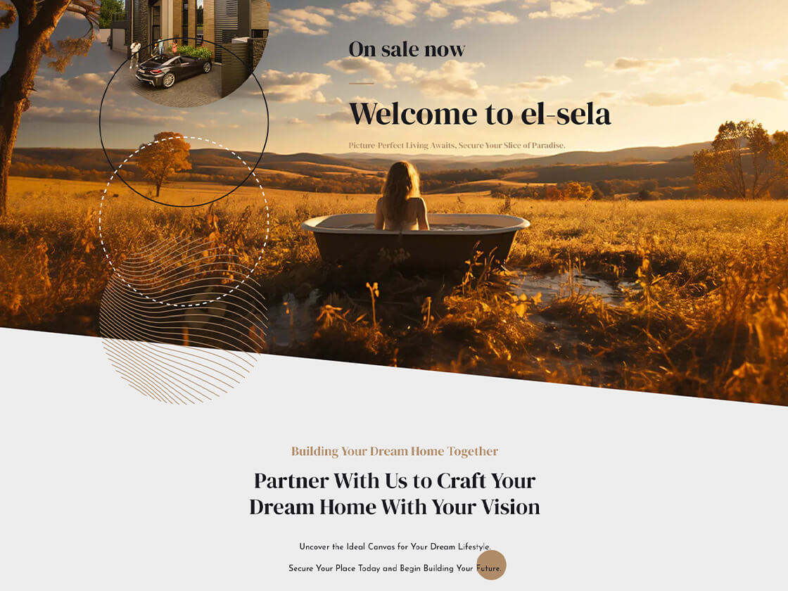 Woman relaxing in an outdoor bathtub with a scenic view of a field at sunset; advertisement for luxury living.