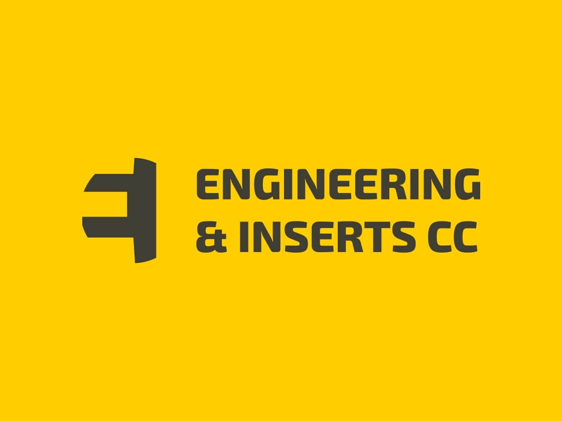 A logo featuring bold, dark grey text reading "ENGINEERING & INSERTS CC" on a bright yellow background. To the left of the text, there is a stylized, abstract design resembling a combination of an 'E' and an 'I' in dark grey.