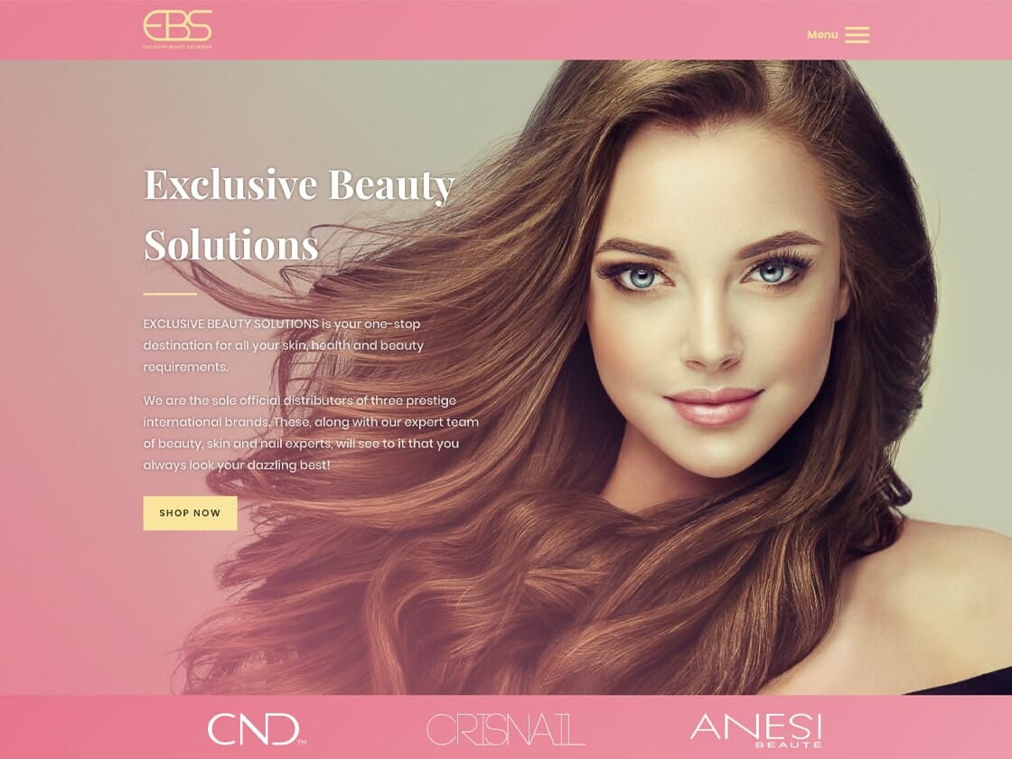 A beauty website with a pink theme showcases a banner image of a woman with long, wavy brown hair and light green eyes. Text to the left reads, "Exclusive Beauty Solutions," highlighting unique products and services. Logos for CND, ORIGNAIL, and ANESI BEAUTÉ are displayed at the bottom.