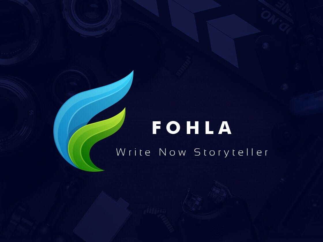 A logo for "FOHLA Write Now Storyteller" featuring a stylized design of three leaf-shaped icons in blue and green tones, forming an abstract wing or flame shape. The text, "Fohla," is positioned below the icon on a dark background with subtle imagery of camera lenses and film equipment.