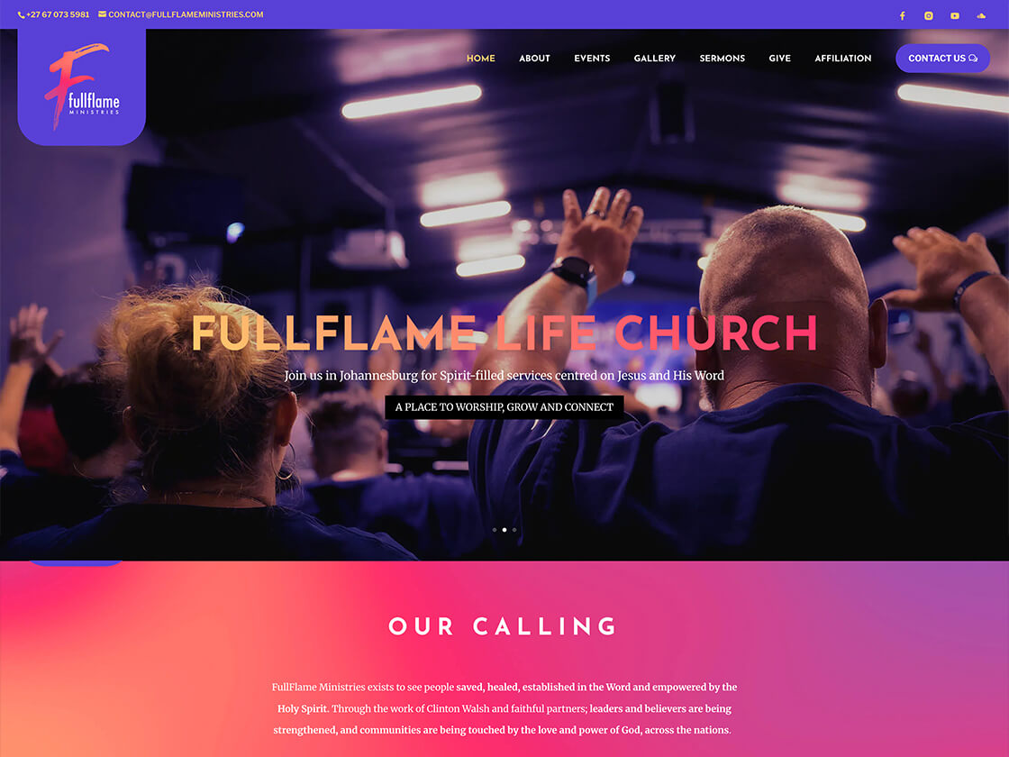 A diverse group with raised hands worships in a church. "FULLFLAME CHURCH" is displayed in bold text over the image. The Church Website menu appears at the top, and a colorful gradient banner labeled "OUR CALLING" is shown at the bottom.