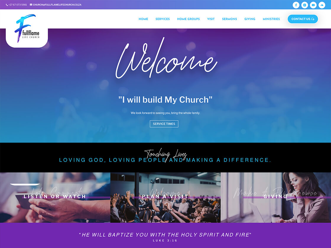 A screenshot of a church website homepage featuring a welcoming message, service schedule, and various options for engagement such as watching messages, planning a visit, and online giving.