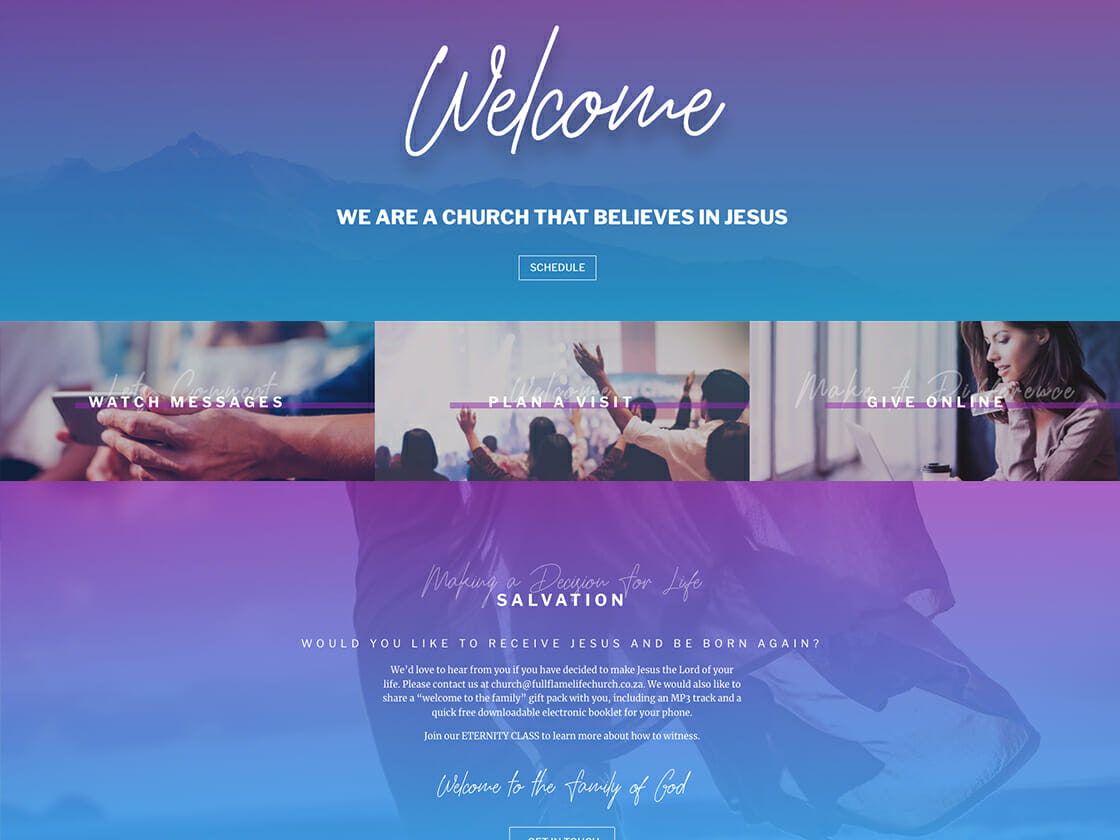 Fullflame Church website homepage with a blue and purple gradient, a welcome message, church service imagery and sections for worship, messages and salvation.
