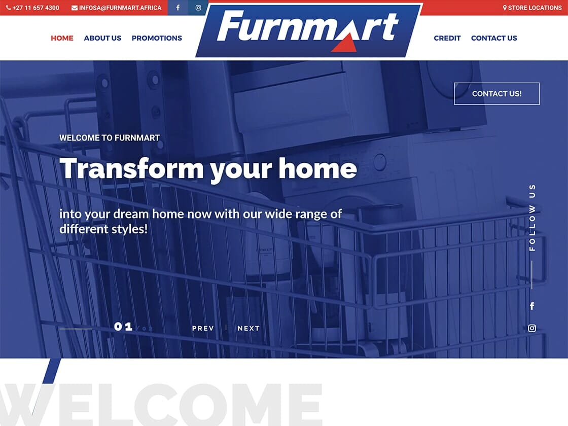 A screenshot of Furnmart’s homepage showcases a header with a logo, contact info, and links to the homepage, promotions, and store locations. Below, "WELCOME TO FURNMART" invites you to "Transform your home." A shopping cart filled with various furniture items is visible, along with options to navigate the slideshow.