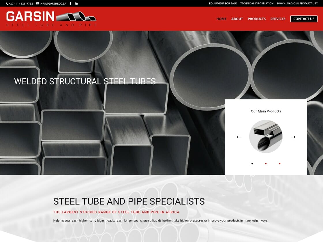 Screenshot of GARSIN's homepage. The header has contact details and navigation options: Home, About, Products, Services, Contact Us. Main section shows a stack of welded structural steel tubes and a circular insert with same image labeled "Our Main Products." Text below reads "Steel Tube and Pipe Specialists.