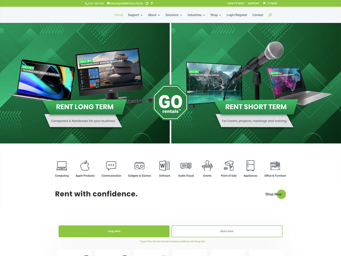 A website for Go Rentals, a technology rental company offering long-term and short-term computer and audiovisual equipment rentals, with a modern and clean design interface.