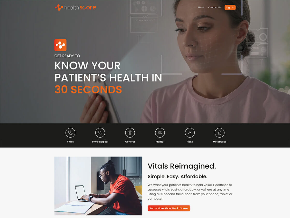 Healthcare professional interacting with a digital healthsco monitoring interface, with website layout offering quick patient health assessment tools.