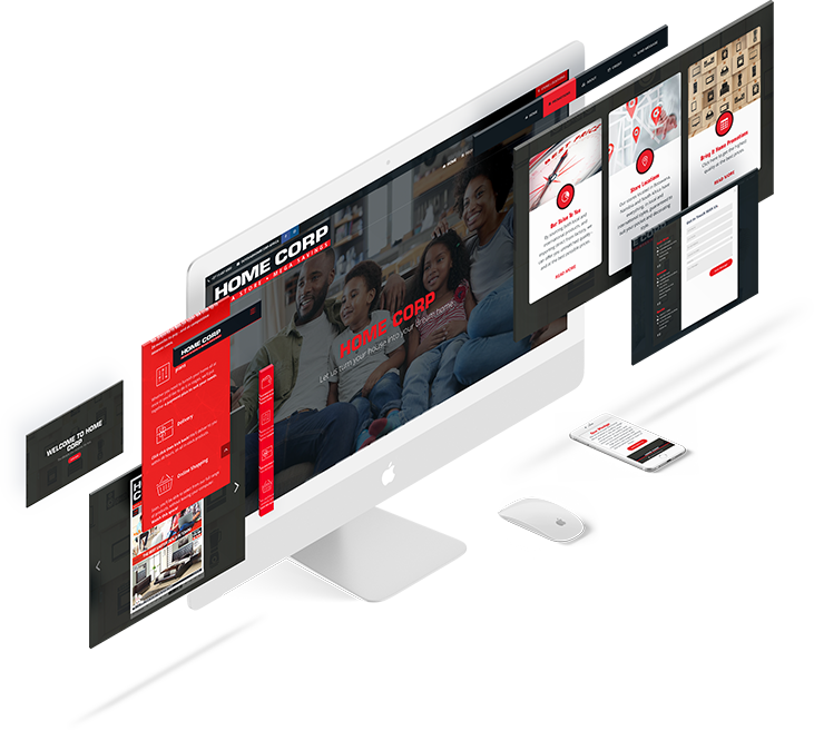 Home Corp Website Mockup displayed as a responsive website mockup across angled screens, showing branded imagery, navigation and page content.