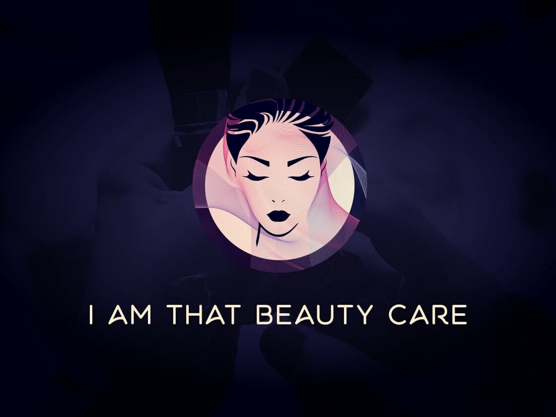 Stylized graphic of a woman's face with closed eyes, red lips, and short dark hair within a circular frame. The backdrop is a dark purple gradient. Below the image, text reads "I AM THAT BEAUTY CARE" in capital yellow letters. The overall tone is elegant and sophisticated.