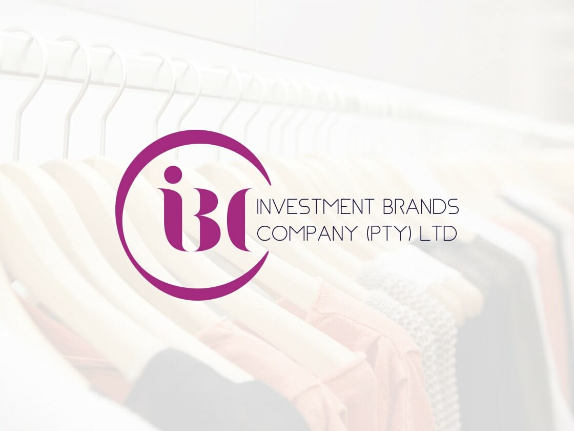Clothes on hangers are in the background with a blurred effect. In the foreground, a purple and white logo reads "IBC" within a circular design. Next to the logo, text in purple reads "INVESTMENT BRANDS COMPANY (PTY) LTD.