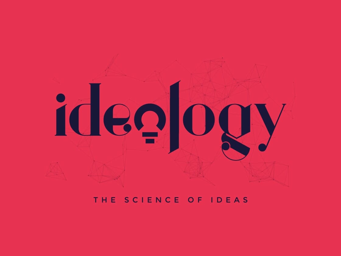 Red background image with the word "ideology" in large, dark blue text. The "o" in "ideology" is stylized to resemble a light bulb. Below the word "ideology" is the tagline "THE SCIENCE OF IDEAS" in smaller, uppercase dark blue text. Geometric lines and nodes are faintly visible behind the text.