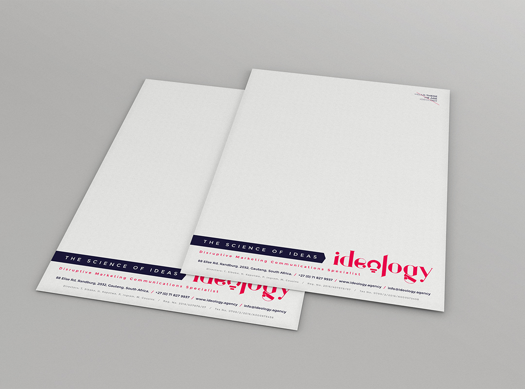Ideology Collateral Mockup 1 showing branded printed collateral with photographs, typography and structured editorial content.
