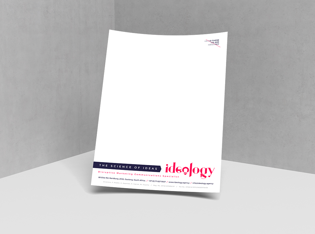 Ideology Collateral Mockup 2 showing branded printed collateral with photographs, typography and structured editorial content.